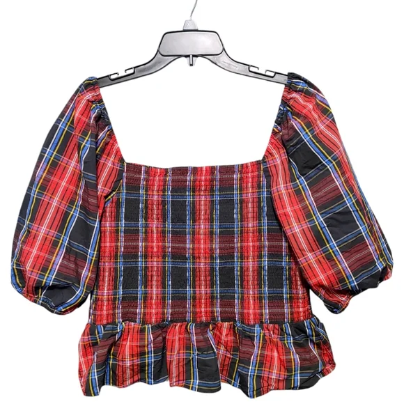 Draper James Red Plaid Smocked Peplum Poof Sleeve Top Womens Size Extra Large XL - Picture 1 of 9